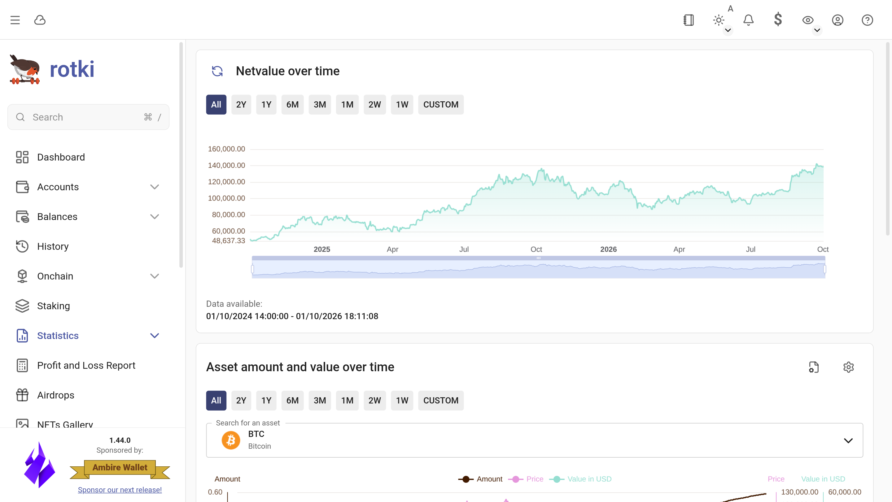 rotki statistics showing net worth and asset value over time