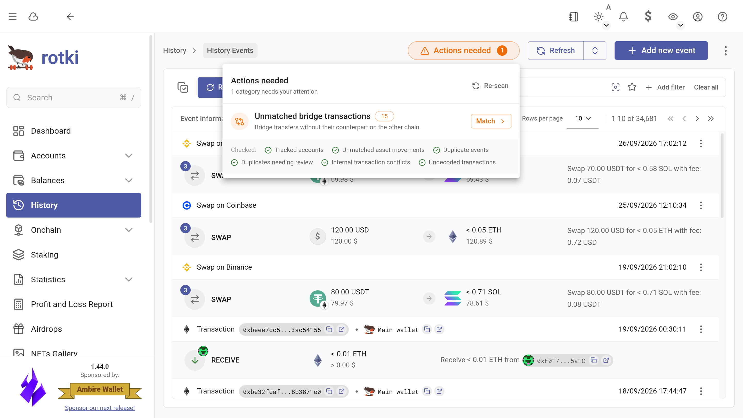 rotki actions center listing transfers that still need matching