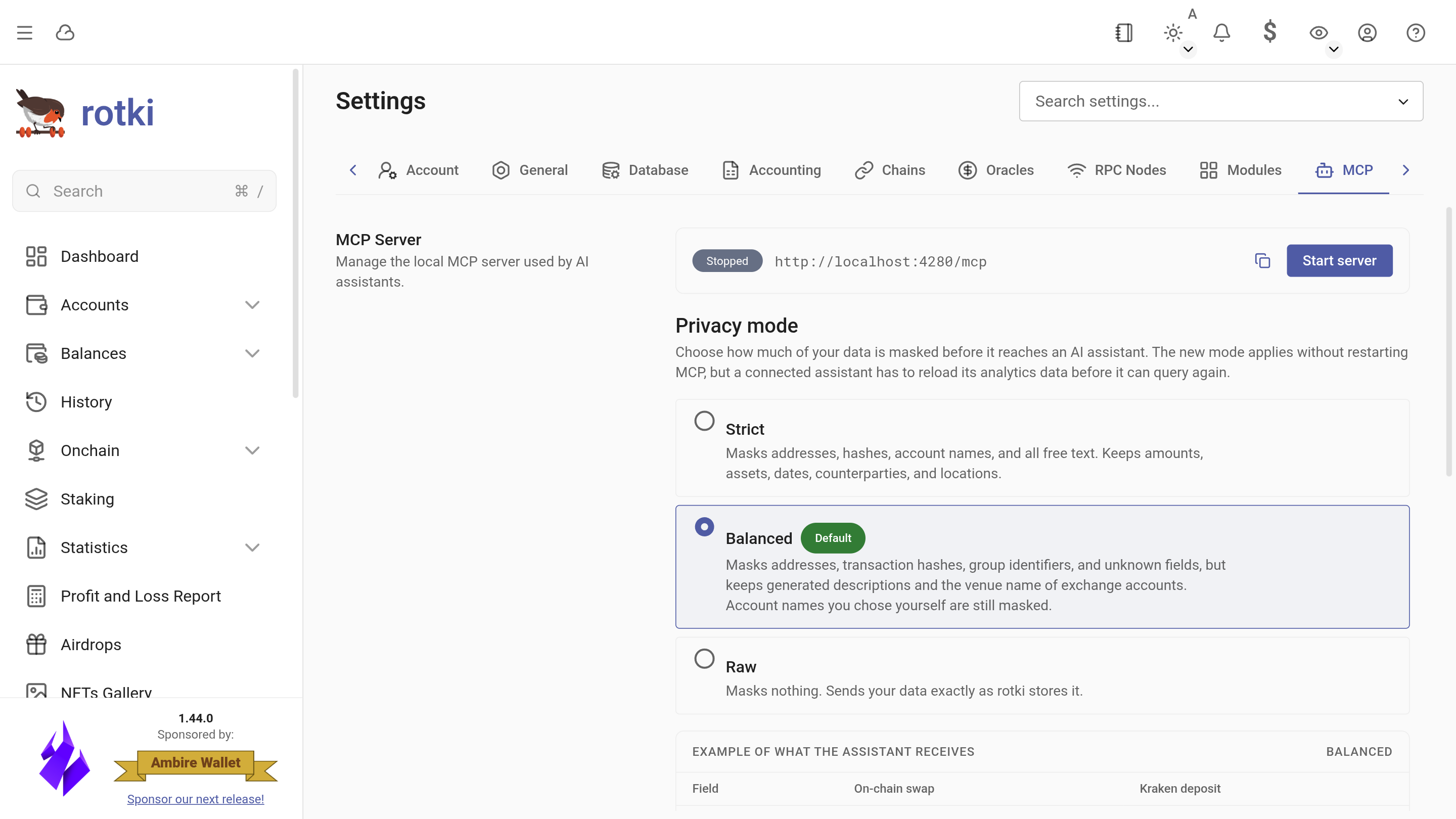 rotki MCP settings for connecting an AI assistant