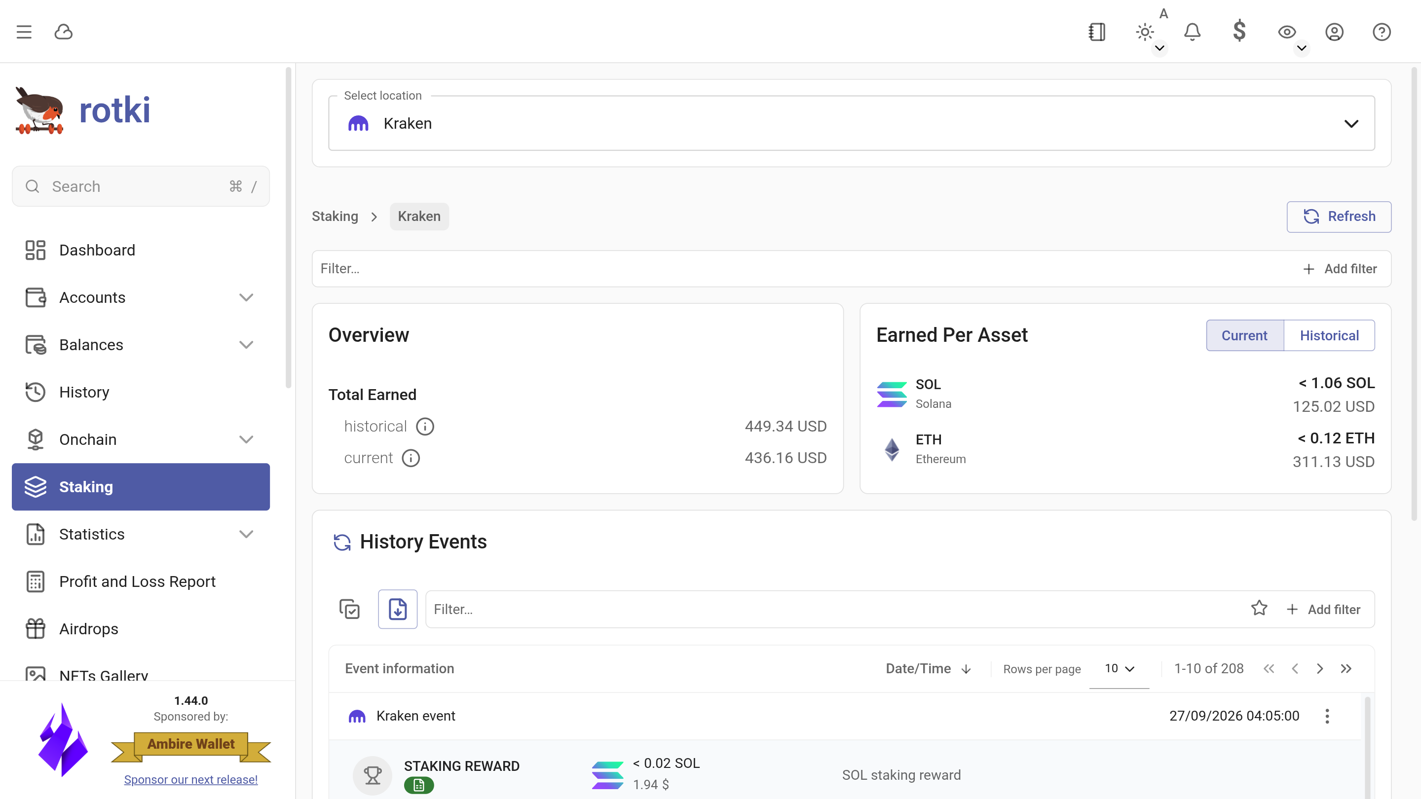rotki Kraken staking overview with rewards per asset